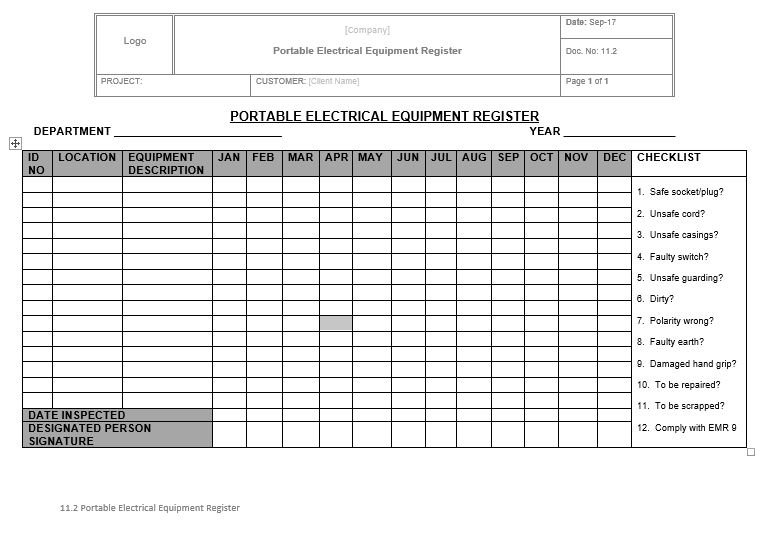 11.2 Portable Electrical Equipment Register